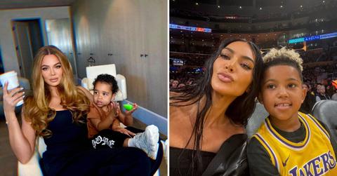 Photo of Khloe Kardashian with son Tatum and a picture of Kim Kardashian with son Saint