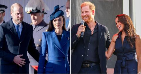 Split photo of Kate Middleton with Prince Charles and Prince Harry with Meghan Markle.