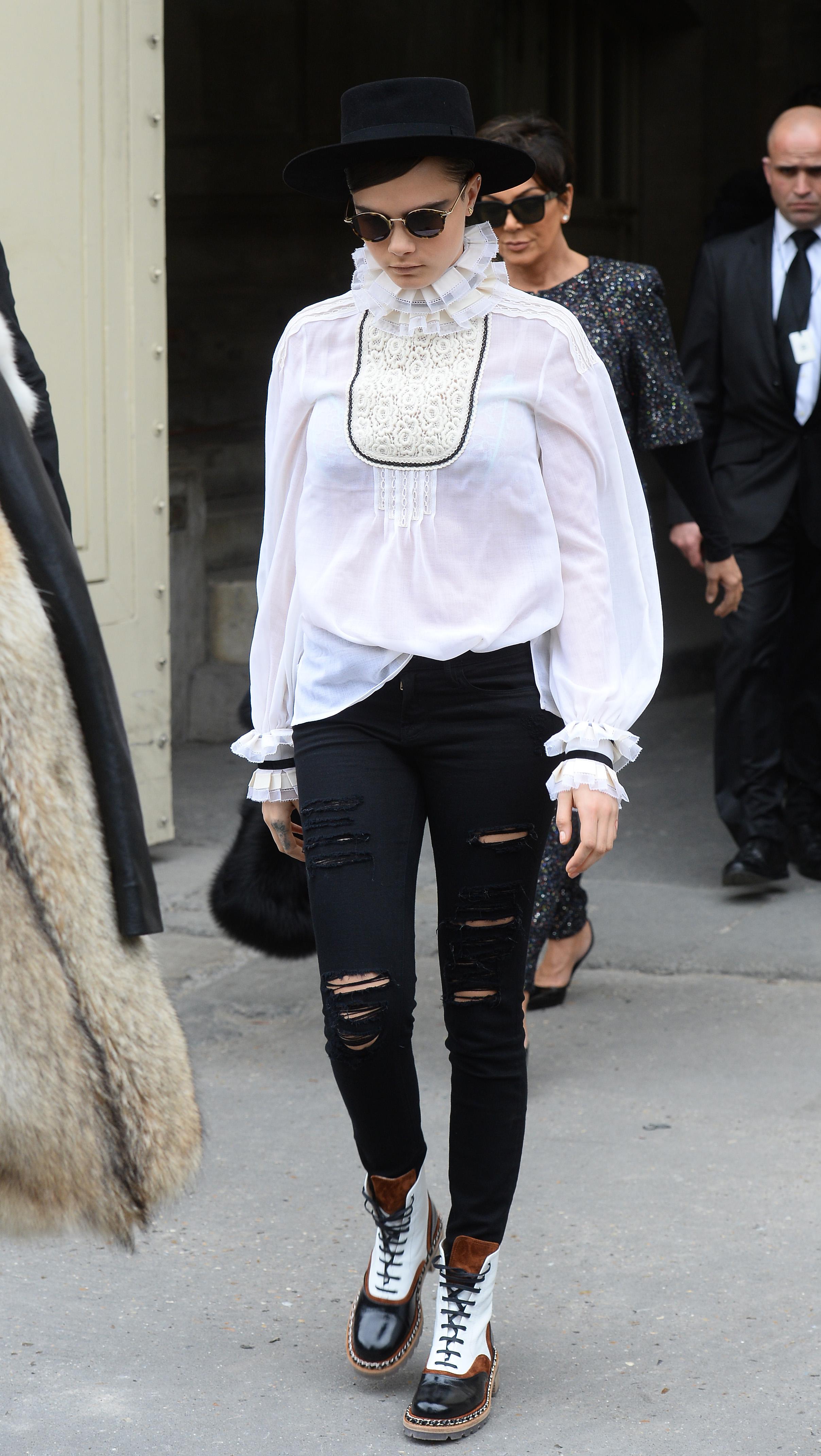 Kendall Jenner, Cara Delevingne and Kris Jenner seen leaving the Chanel show at Grand Palais