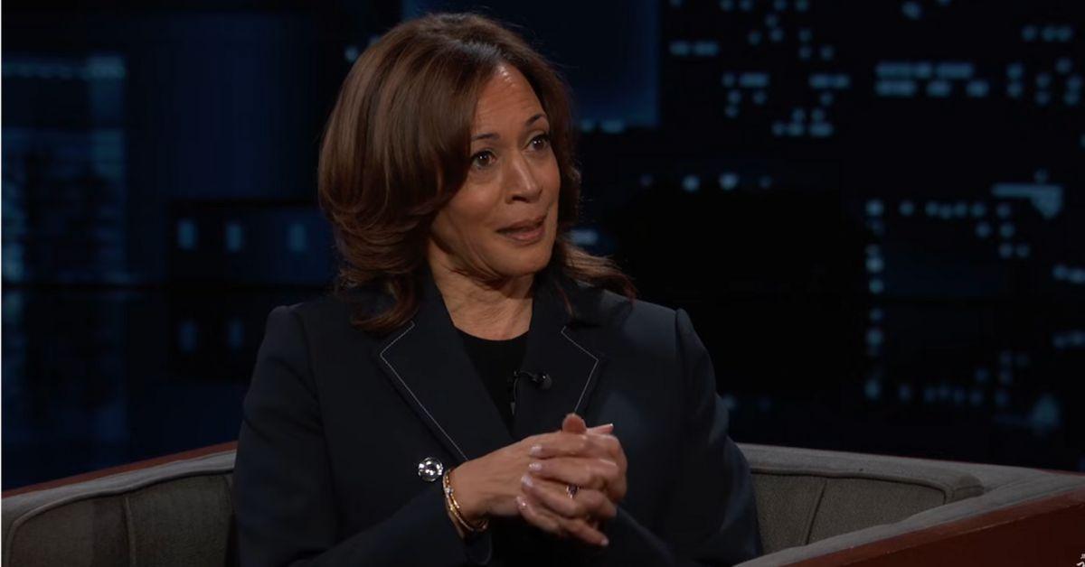 image of Kamala Harris seemed tickled to tell Jimmy Kimmel the story.