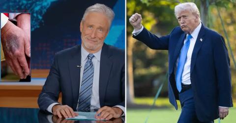 Photo of Jon Stewart on 'The Daily Show' and image of Donald Trump