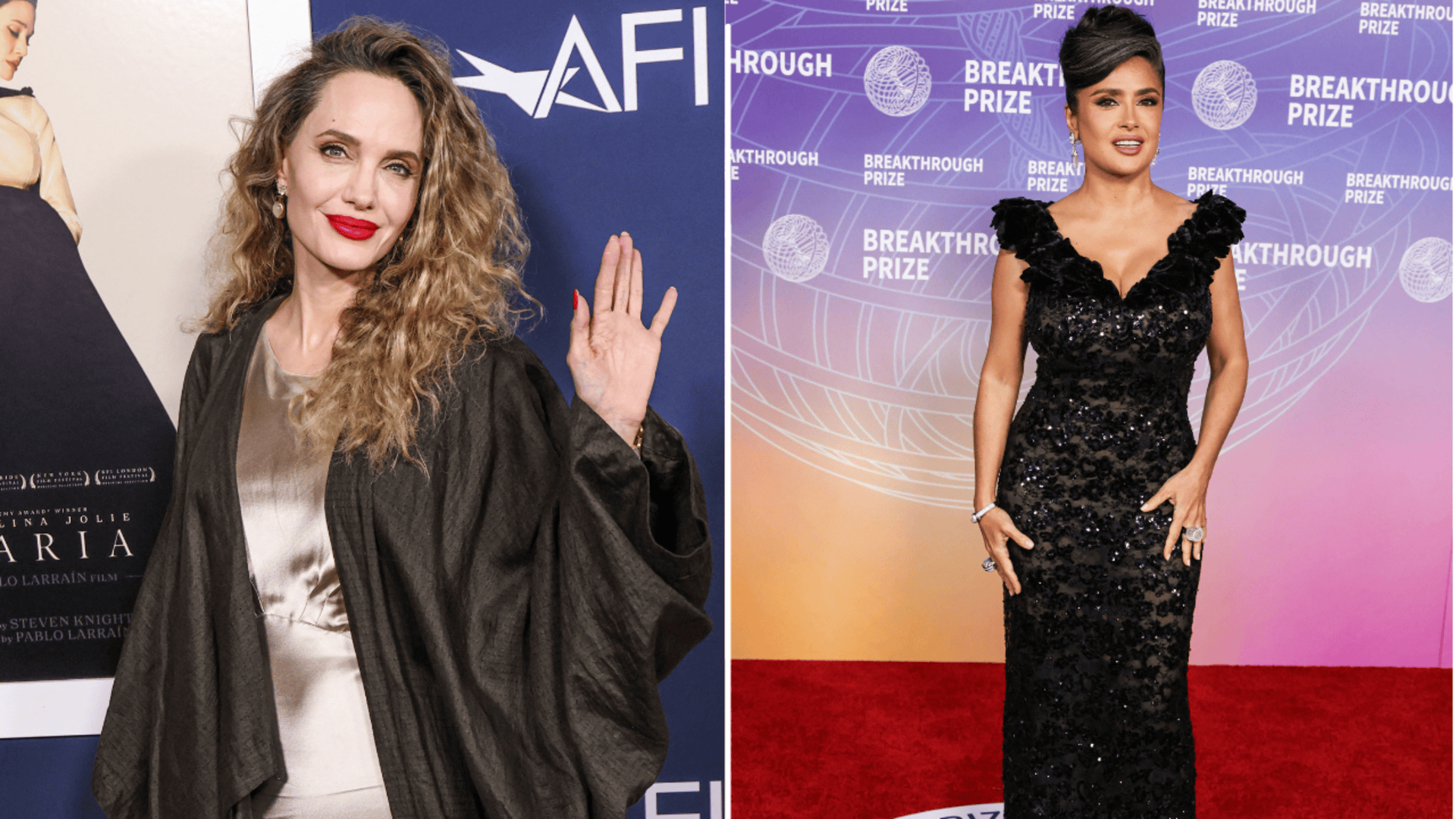 Image of Angelina Jolie sharing her friendship with Salma Hayek.