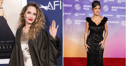 Image of Angelina Jolie sharing her friendship with Salma Hayek.