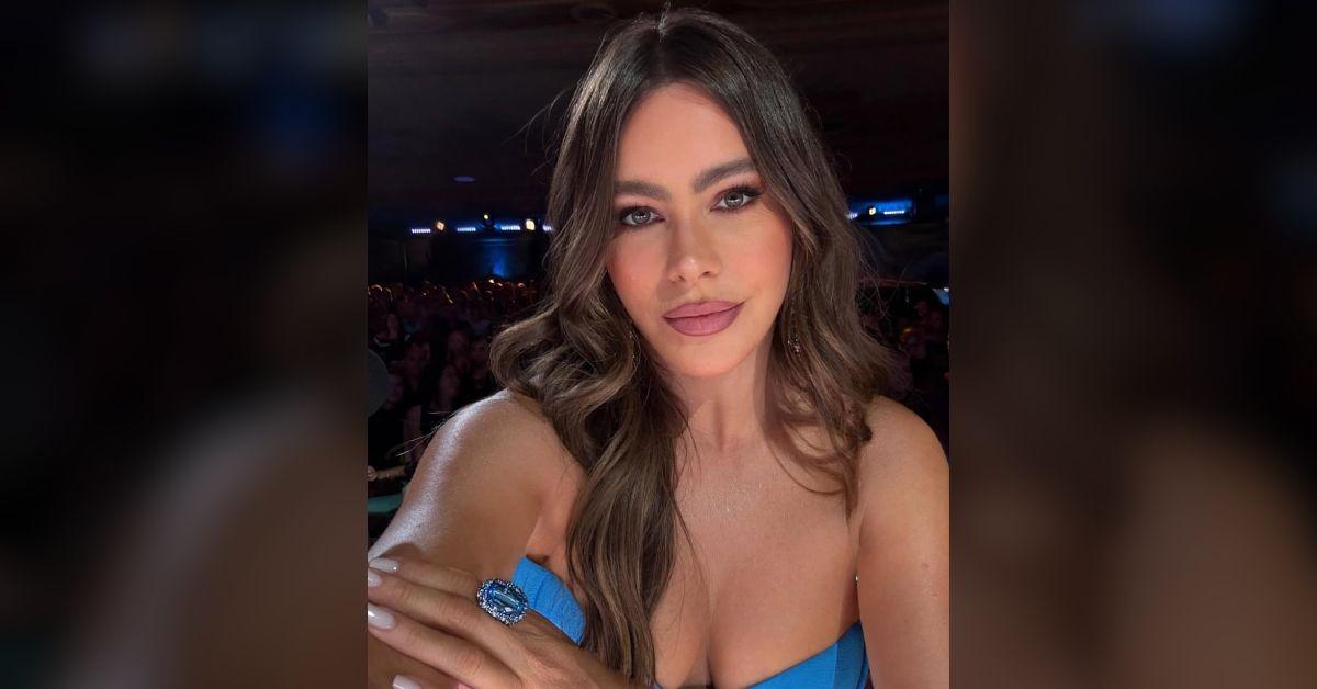 Image of Sofía Vergara popped out of a cerulean ensemble.