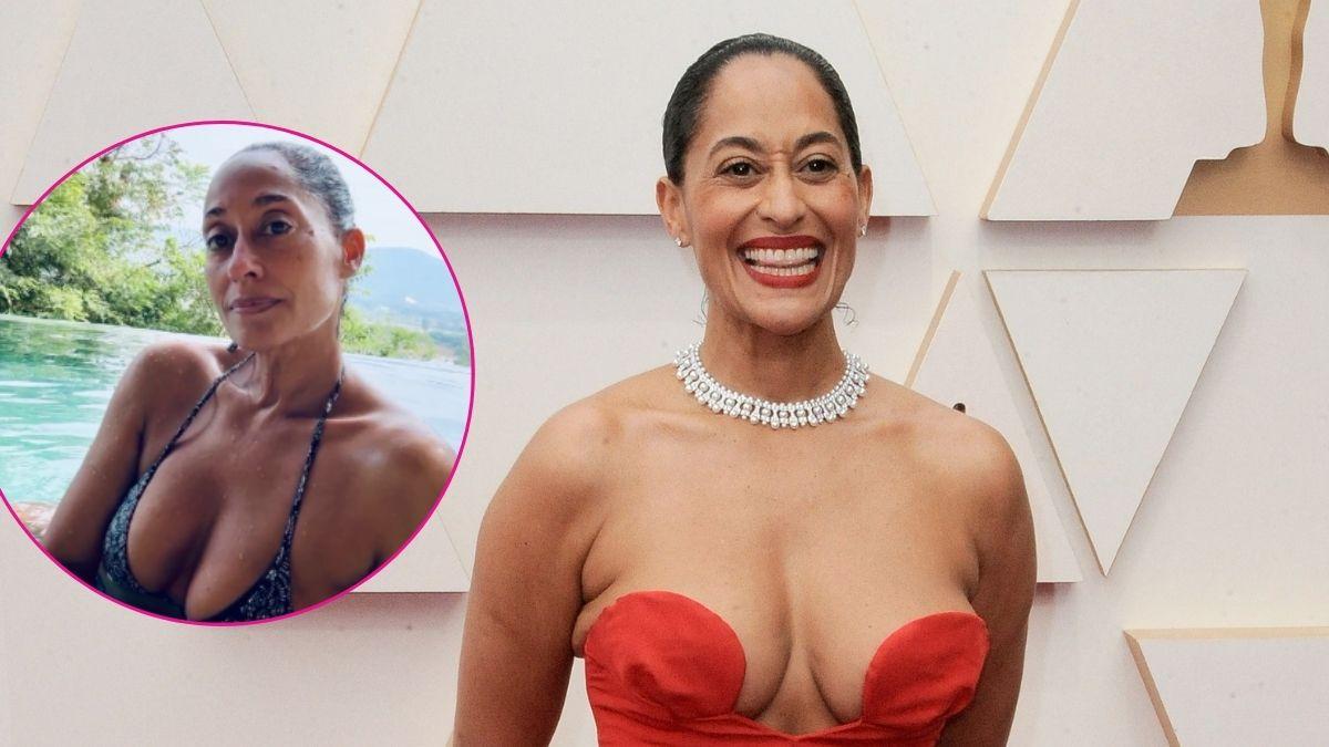 Image of Tracee Ellis Ross showed off her cleavage while she posed for photos from a pool in Thailand. 