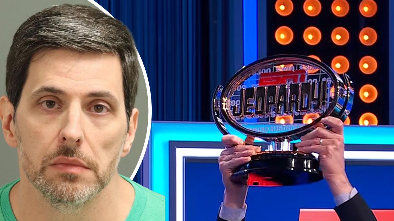 split image of Philip Joseph DeSena and Jeopardy trophy