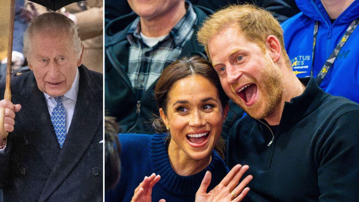 Split photo of King Charles, Meghan Markle and Prince Harry.