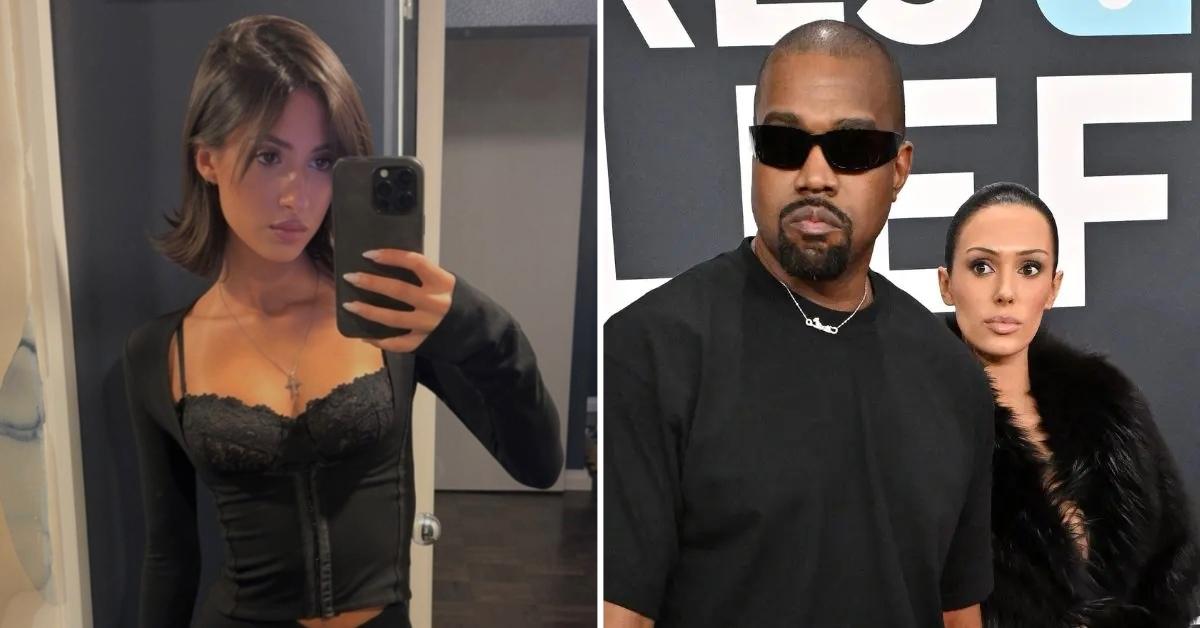 Photo of Angelina Censori and an image of Kanye West with Bianca Censori