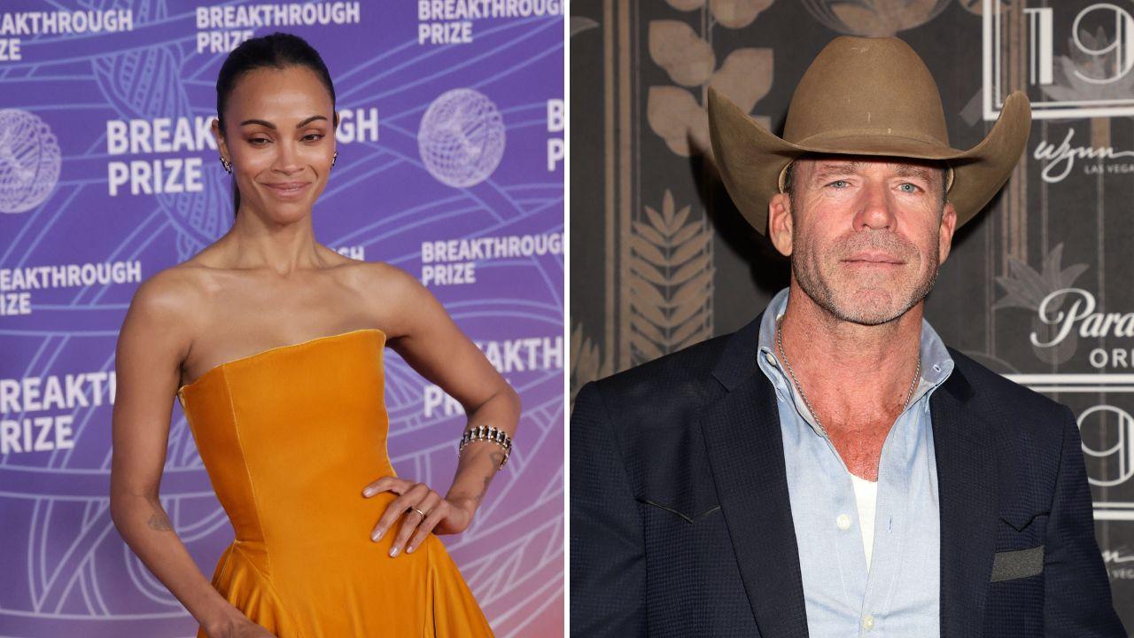Split photo of Zoe Saldaña and Taylor Sheridan