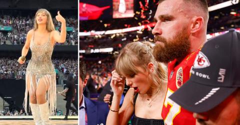Photo of Taylor Swift on stage and an image of Taylor Swift with Travis Kelce