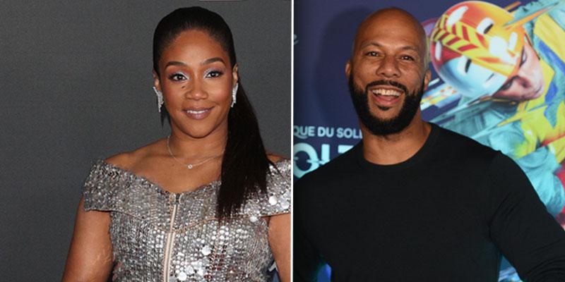 Left, Tiffany Haddish in Silver soparkle Dress, Right Common in Crew-neck Sweater