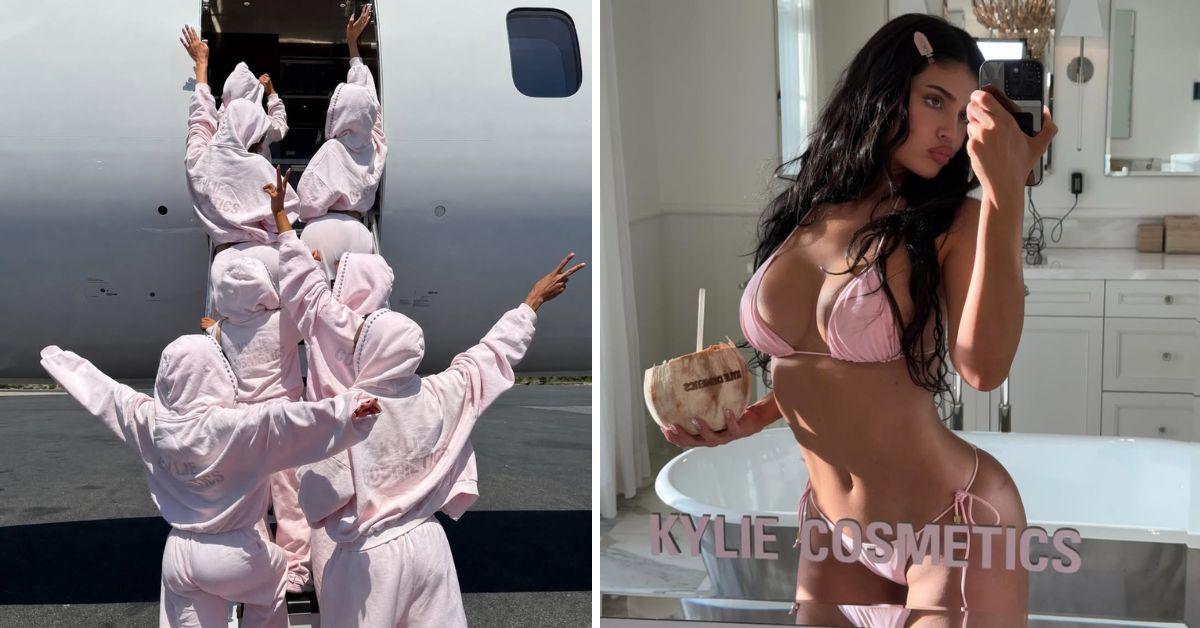 image of The Kylie Cosmetics founder traveled with friends and daughter Stormi, who wore matching pink outfits for the flight.