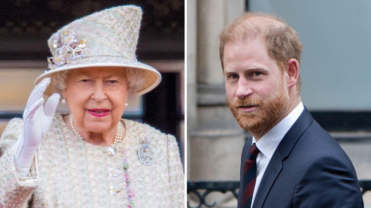 Split photo of Queen Elizabeth and Prince Harry.