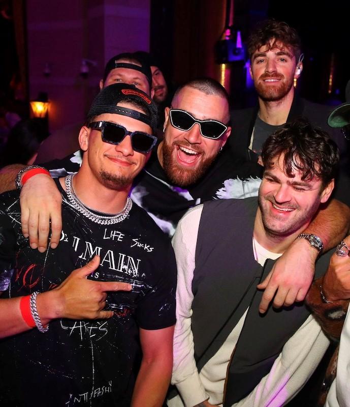 football all stars patrick mahomes and travis kelce celebrate championship win with the chainsmokers at xs nightclub inside wynn las vegas on feb photo credit radis photo