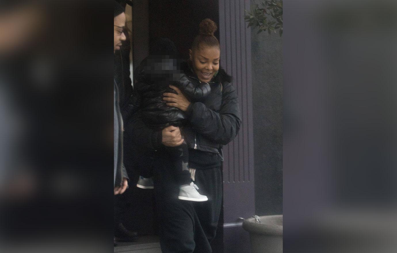 *PREMIUM EXCLUSIVE* Janet Jackson pictured strolling through London with baby Eissa. The popstar braved the London rain to join friends for lunch in SW London.