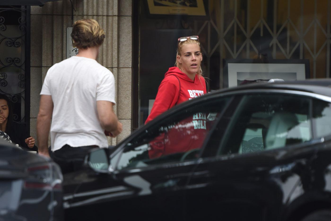 EXCLUSIVE: James Van Der Beek gives Busy Philipps a hug as they chat outside a cafe