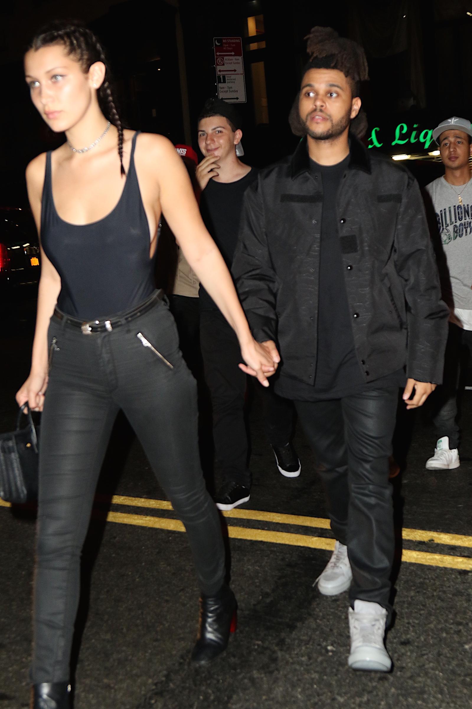 Bella Hadid and new boyfriend The Weekend were spotted leaving Up &amp; Down nightclub after hanging with Justin Bieber, Rihanna, and Travis Scott