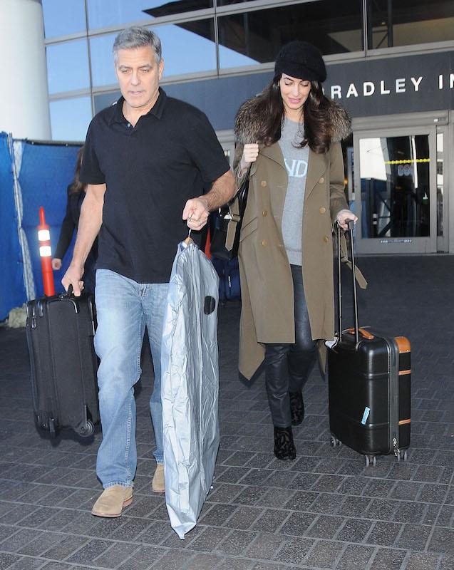 George Clooney &amp; Pregnant Amal Alamuddin Arriving On A Flight At LAX