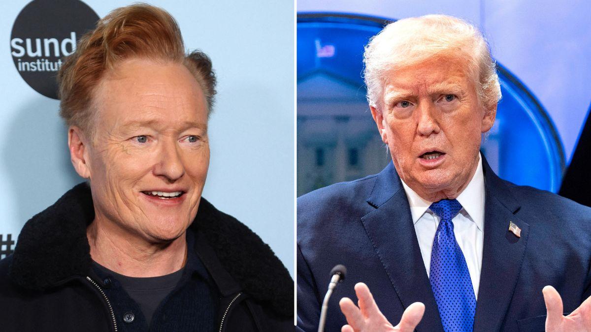 Split photo of Conan O’Brien and Donald Trump.