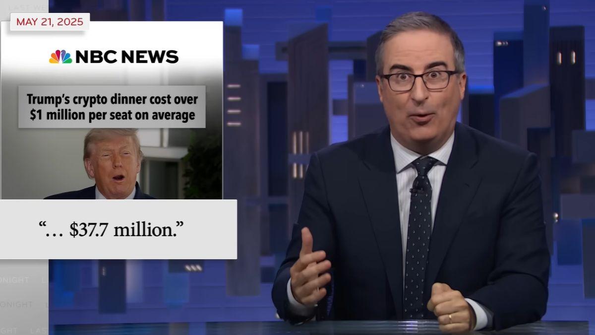 Image of John Oliver referenced Justin Sun's investment in World Liberty Financial while discussing the Donald Trump family's cryptocurrency business.