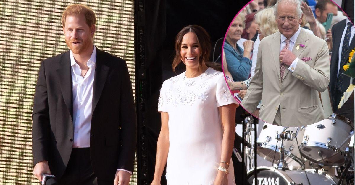 image of prince harry and meghan markle, inset of King Charles