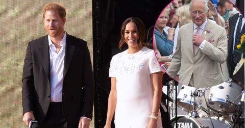 image of prince harry and meghan markle, inset of King Charles
