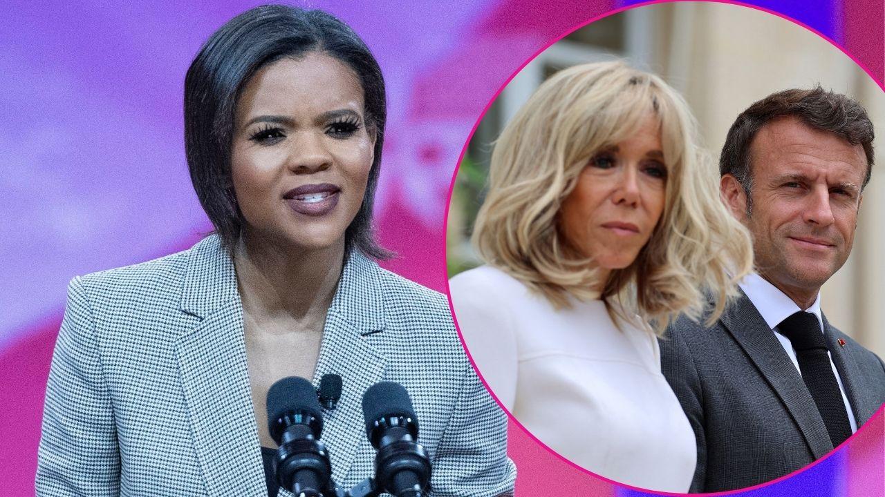 Split photo of Candace Owens and Emmanuel and Brigitte Macron
