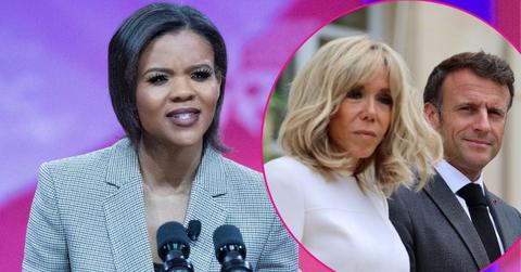 Split photo of Candace Owens and Emmanuel and Brigitte Macron