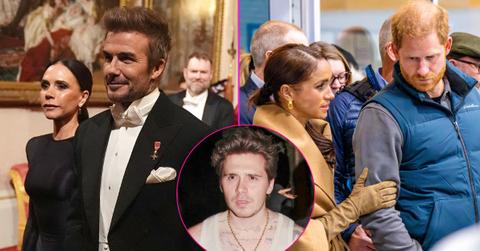 Photo of David, Victoria and Brooklyn Beckham and a picture of Meghan Markle with Prince Harry