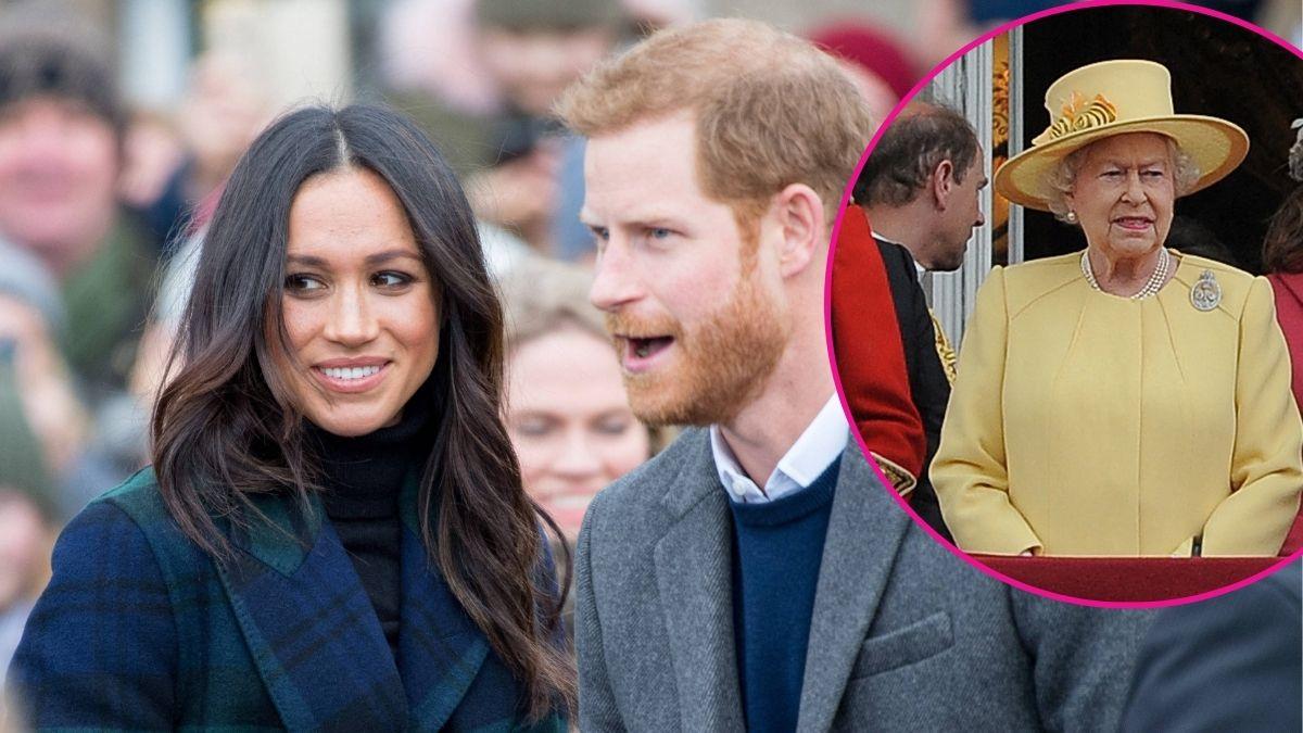 image of meghan markle prince harry, inset of queen