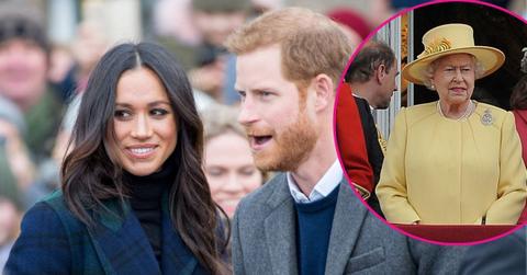 image of meghan markle prince harry, inset of queen