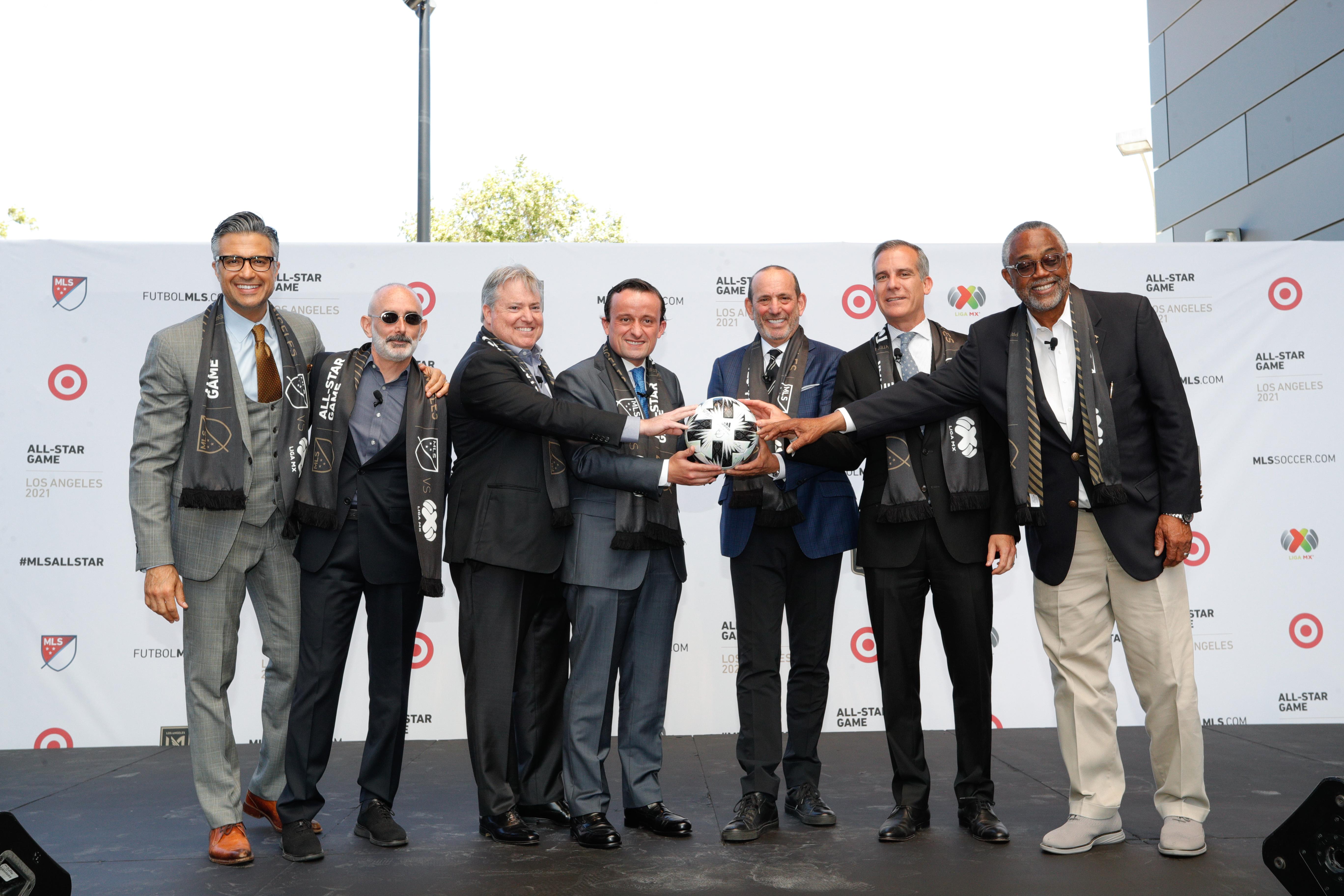 l r jaime camil actor larry freedman president lafc larry berg lafc managing owner mikel arriola liga mx executive president mls commissioner don garber eric garcetti mayor of los angeles councilman curren d price jr