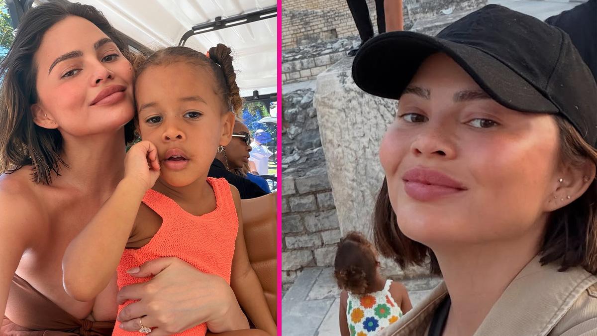 Image of Chrissy Teigen showed off her cleavage while on vacation with her family. 