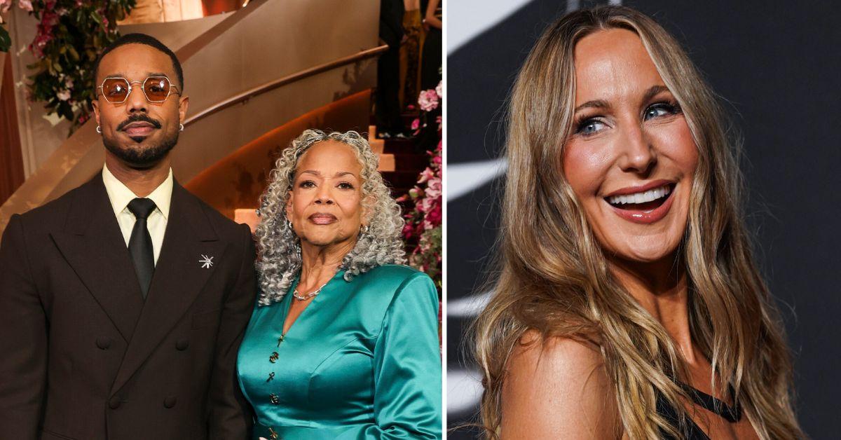 split photo of michael b. jordan and mom donna jordan and nikki glaser