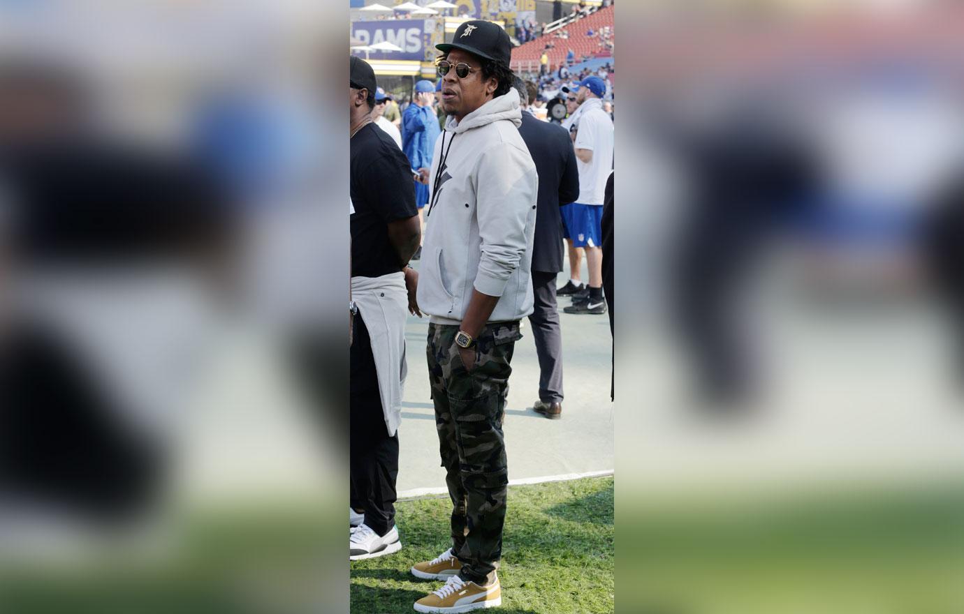 Rapper Jay Z is spotted on the sidelines of the Los Angeles Rams vs the Seattle Seahawks football game at the Los Angeles Memorial Coliseum