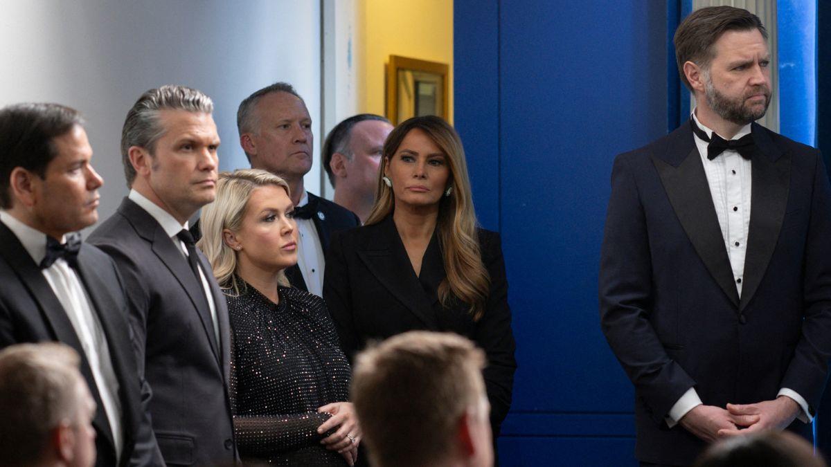 image of Pete Hegseth looked on as Donald Trump gave a press conference after a gunman opened fire during the White House Correspondents' Dinner.