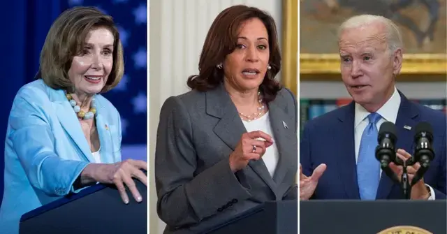 Split photo of Nancy Pelosi, Kamala Harris and Joe Biden.