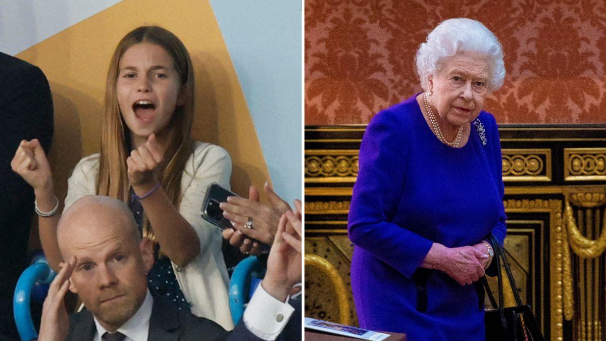 split photo of Princess Charlotte and Queen Elizabeth. 