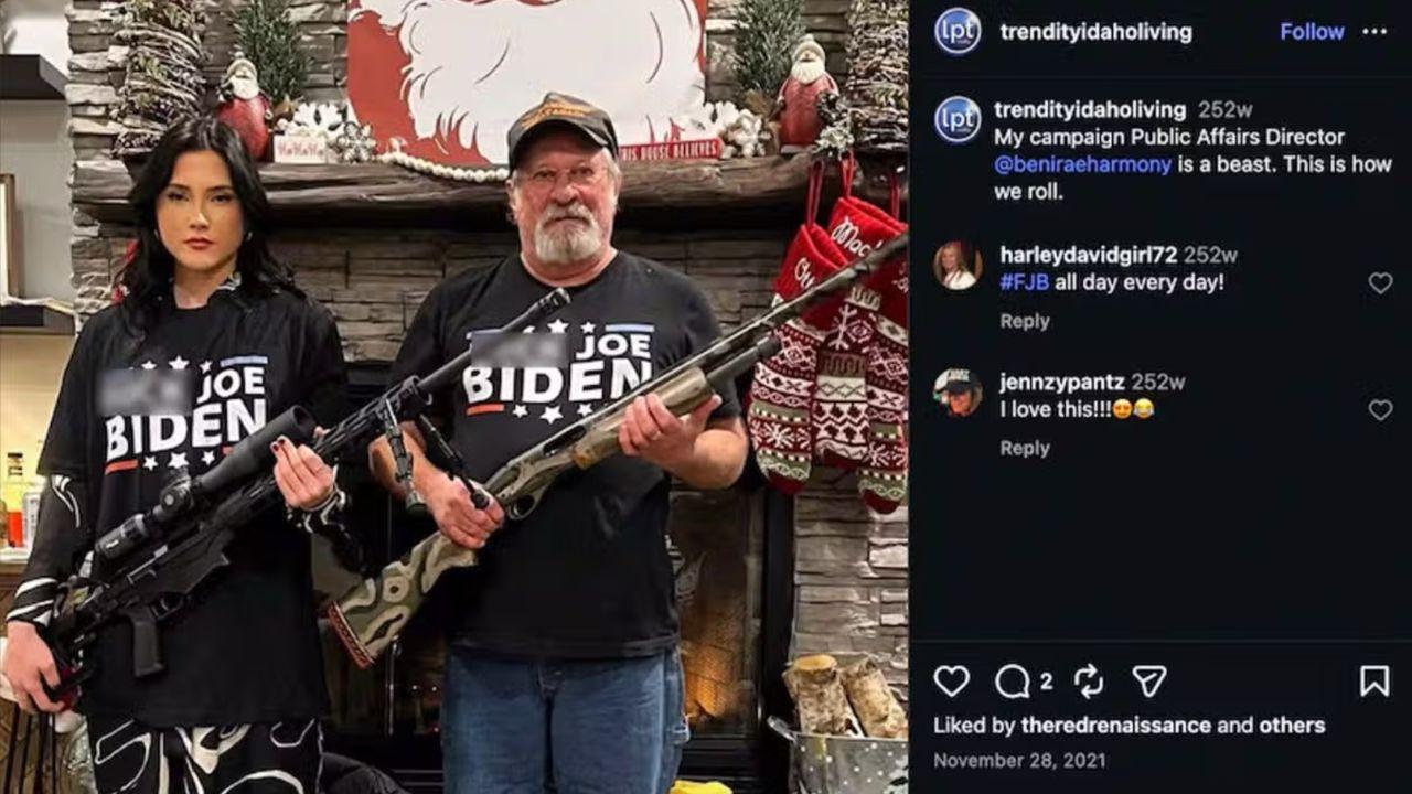 Photo of Harmony posed with a rifle next to her uncle. 