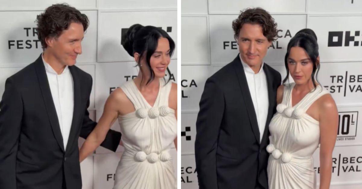 imag eof Katy Perry wore a white gown while Justin Trudeau opted for a classic black suit and white shirt.
