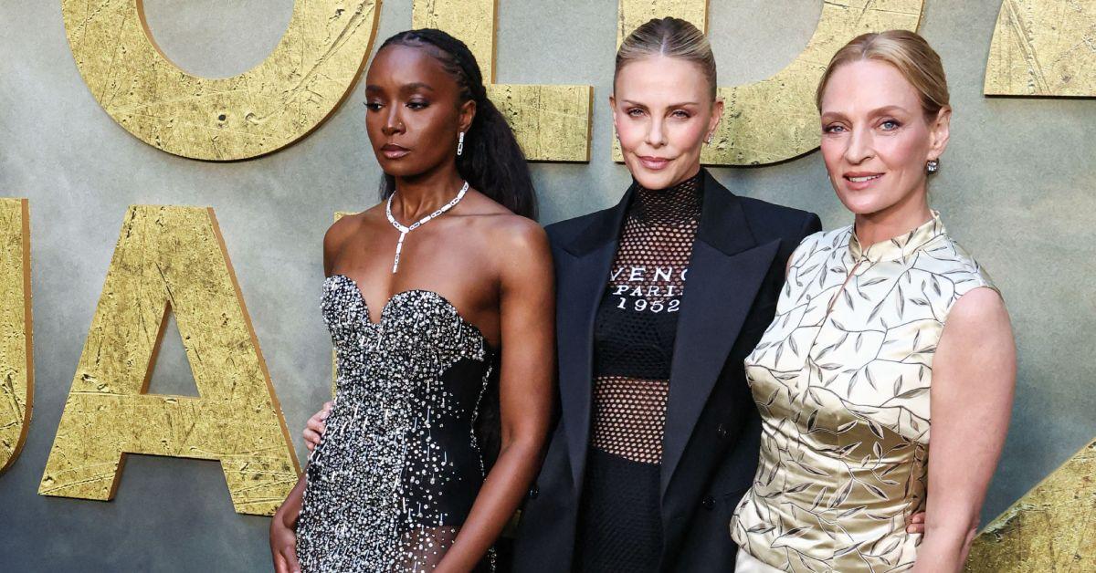 charlize theron sizzles fishnet tights hot pants old guard premiere photos