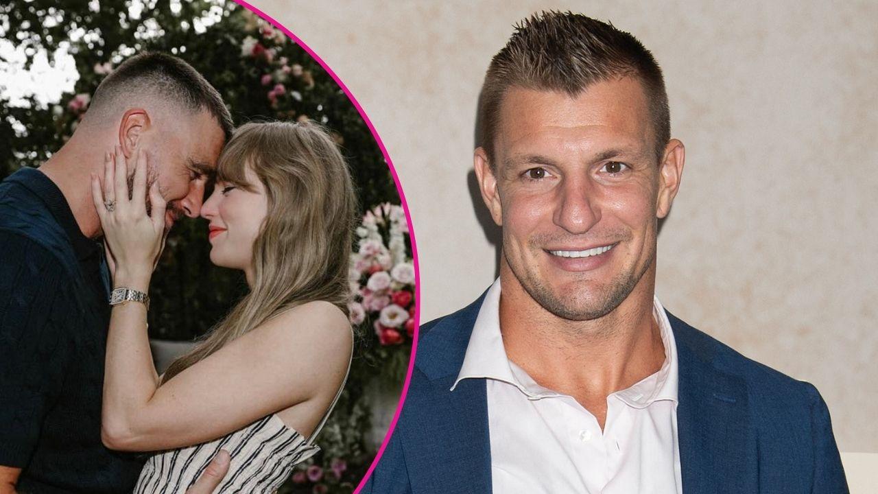 Composite photo of Taylor Swift, Travis Kelce and Rob Gronkowski.