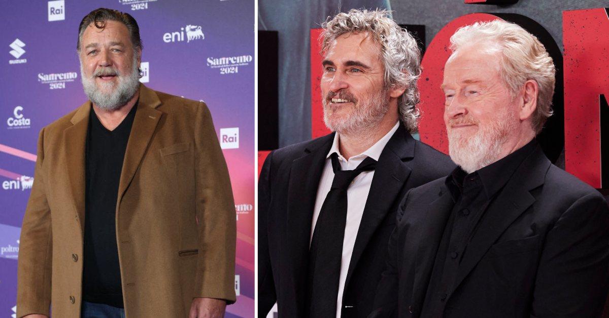 Photo of Russell Crowe and a picture of Joaquin Phoenix with Ridley Scott