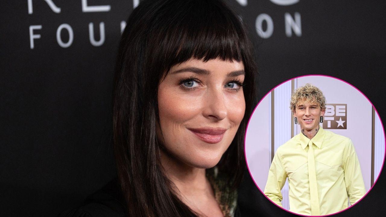 Split photo of Dakota Johnson and Machine Gun Kelly.