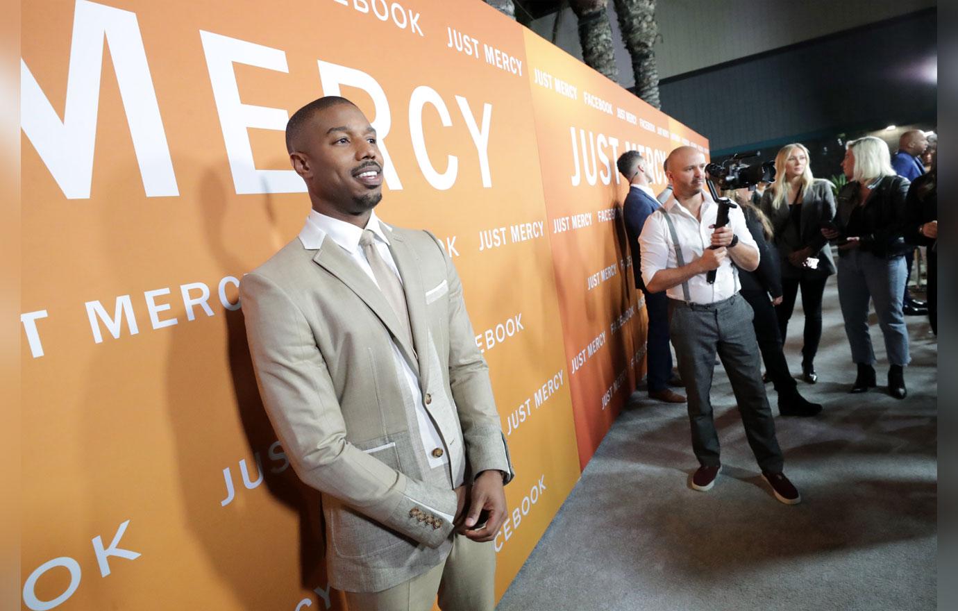 Michael B Jordan poses alongside co-star Jamie Foxx at screening of their  film Just Mercy in London