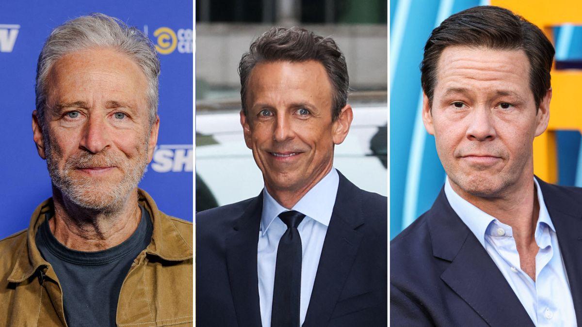 Photo of Jon Stewart, Seth Meyers and Ike Barinholtz.
