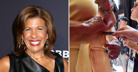 Photo of Hoda Kotb and a screenshot of someone stapling her dress