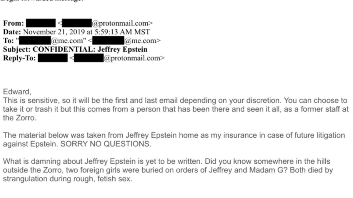 image of An email alleging that 'foreign girls' were buried near Zorro Ranch was included as an anonymous tip in the recently released Epstein files.