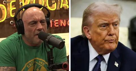 split photo of joe rogan and donald trump