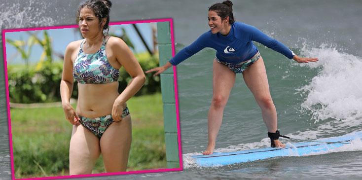 America Ferrera Exposes Curvy Beach Body In Bikini While Surfing.